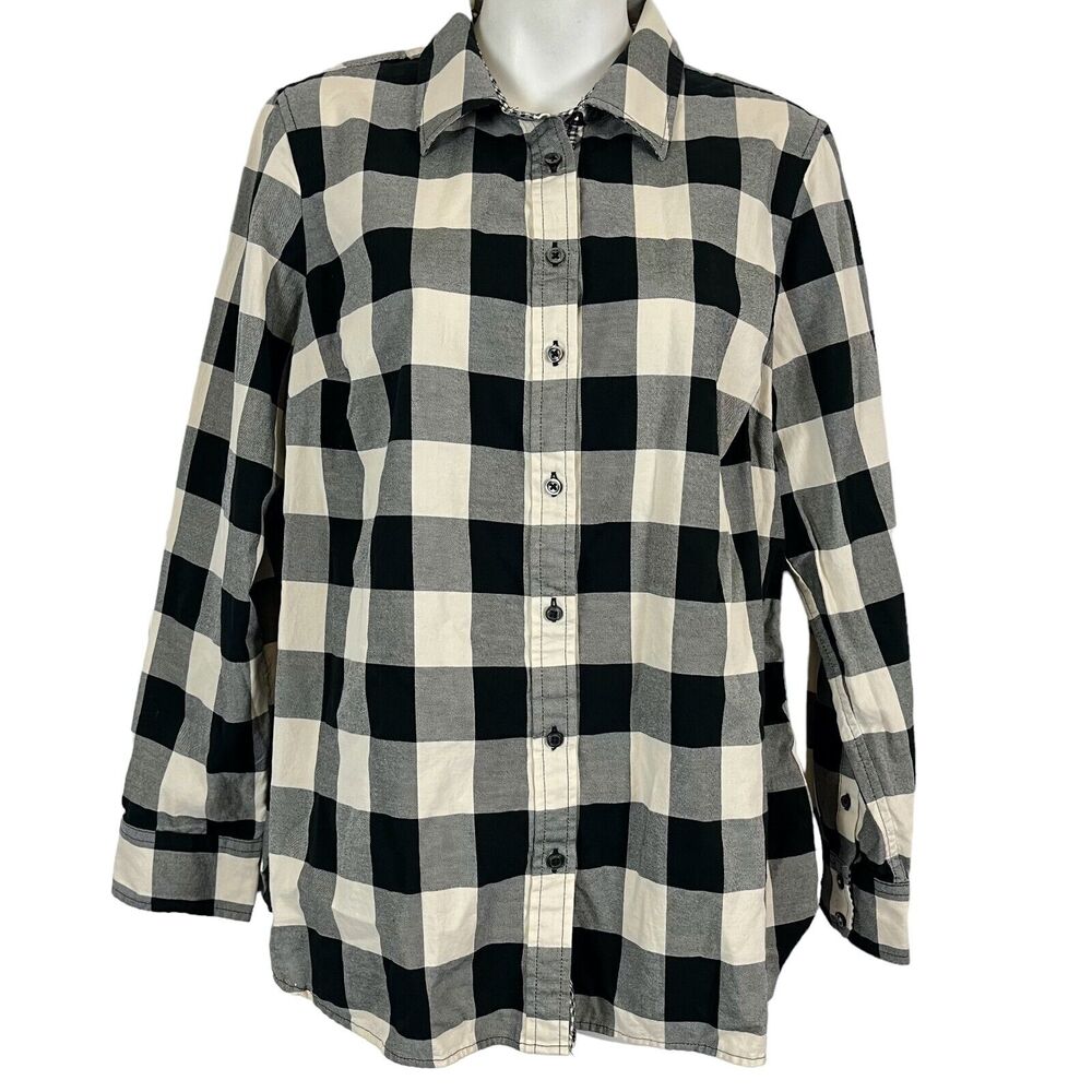 Talbots Womens White Black Buffalo Plaid Casual Button Down Long Sleeve Shirt M